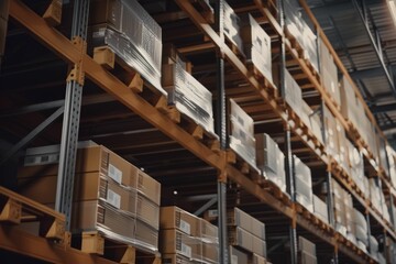 Large industrial warehouse with rows of shelves stacked with boxes, representing logistics, storage, and efficient business operations.