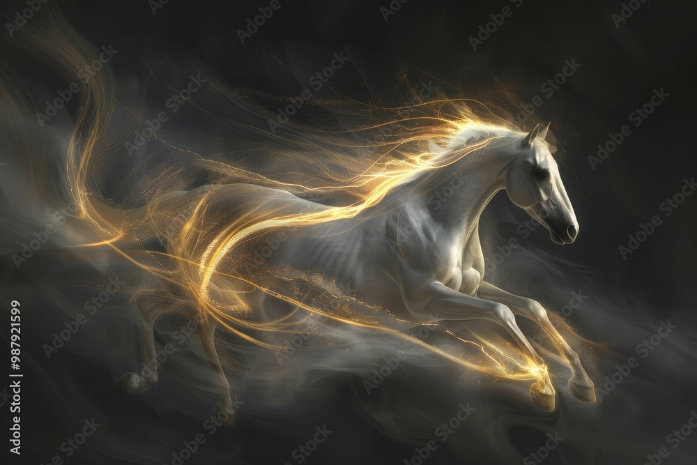Poster horse depicted with luminous light lines in motion, illustrating speed, energy, and dynamic movement