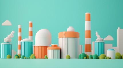A colorful, stylized illustration of a modern industrial cityscape featuring various factories and smokestacks against a bright background.