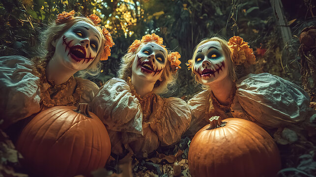 Creepy Clowns: A chilling trio of clowns with sinister grins,  emerge from the shadows, their faces painted with unsettling smiles.  They stand amidst pumpkins, their eyes gleaming with an unnerving i