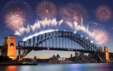 Obraz premium A spectacular fireworks display over the Sydney Harbour Bridge and Opera House on New Year's Eve.