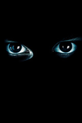 Eyes. Human eyes replaced with camera lenses. Isolated shadowy backdrop. Surveillance and data collection 