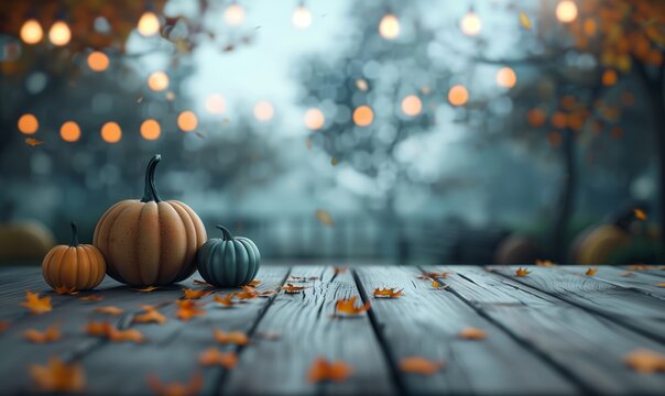 Three pumpkins standing on fallen leaves at blurry forest background with bokeh effect. Autumn mystic frame with copy space. 3D Halloween backdrop with foggy evening fall vibe.