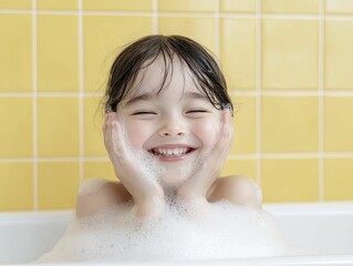 Joyful Little Girl Playing in Bubbles During a Fun and Relaxing Bath Time, Capturing Childhood Innocence and Happiness in a Serene Home Environment