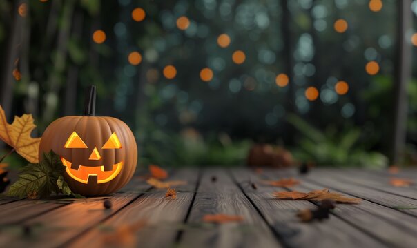 Halloween pumpkin at nature night blurred background with bokeh lighting. Glowing jack o lantern skittish creepy seasonal frame. Title screen with copy space for horror announcement or presentation.