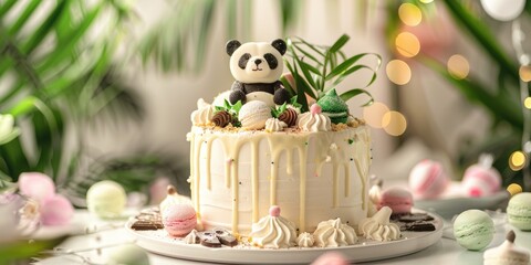 Celebration theme featuring a white birthday cake decorated with delightful panda bear chocolate spheres, tropical foliage, and swirls of meringue.