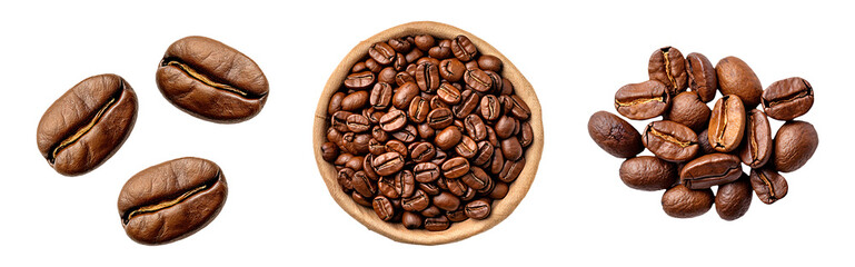 Fototapeta premium Coffee beans showcased in various arrangements including a small cluster, a bowl full, and a loose pile on a transparent background