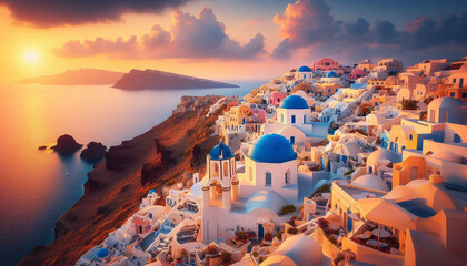 Santorini Greece skyline at sunset. Beautiful travel photo in the Mediterranean. Blue domed buildings with white stone