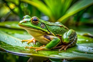 Fototapeta premium Vibrant Green Frog Sitting on a Leaf in a Lush Wetland Environment Surrounded by Nature's Beauty
