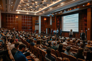 A man stands in front of a large audience, giving a presentation, generative ai image.,