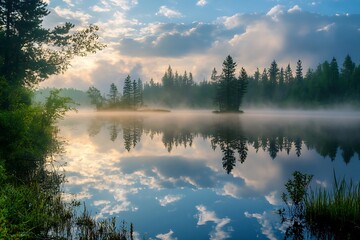 Sunrise Over Foggy Lake and Trees