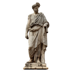 Fototapeta premium Marble statue of an ancient roman philosopher wearing a toga and holding a scroll, isolated on white background