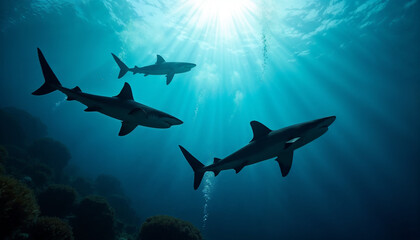 Naklejka premium Silhouettes of blue sharks glide gracefully beneath the shimmering ocean surface.