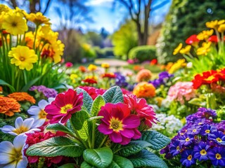 Vibrant Spring Garden Blooms with Colorful Flowers, Fresh Greenery, and Lush Plant Life in Sunlight