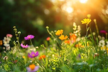 Colorful Wildflowers Blooming in Sunlight Meadow