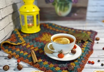 Cozy autumn photo with a cup of tea, flashlight, knitting, leaves and decor