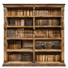 Antique wooden bookcase standing out with full bookshelves on white background, concept of knowledge and education