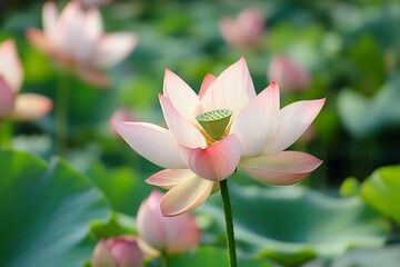 Pink lotus flower in bloom with green leaves and a blurry background