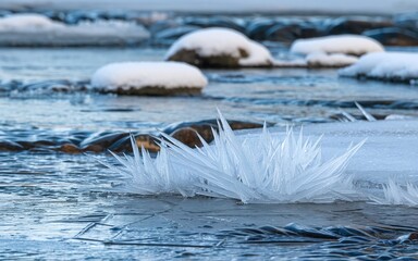 Ice crystals in the shape of sharp spikes, formed on a frozen river in winter.