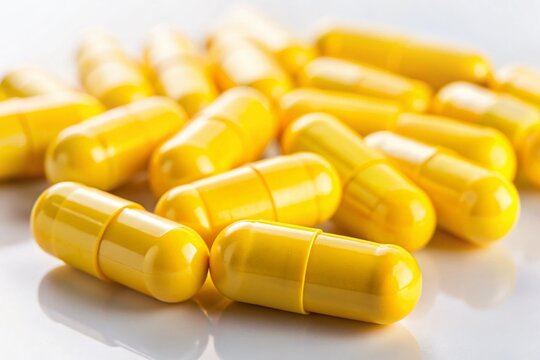 Yellow capsules on a white background representing medication for nerve pain relief and treatment