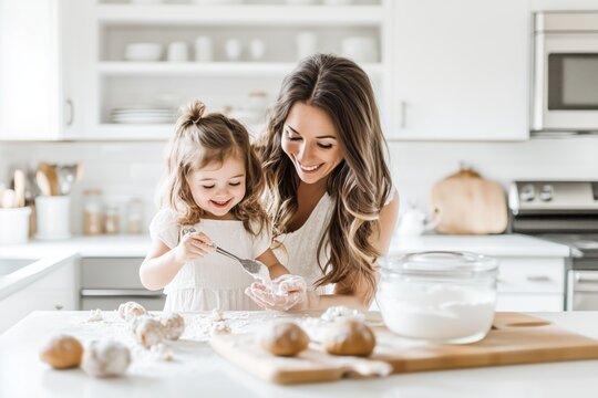 A mother and daughter are making cookies together in a kitchen.