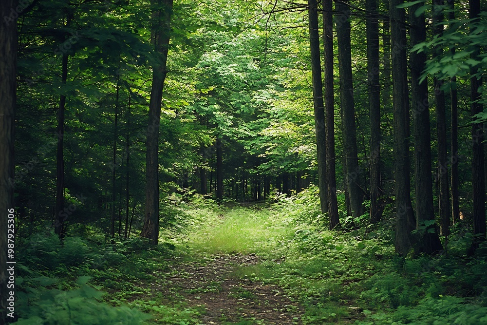 Sticker Sunlight streaming through dense forest trees, illuminating a path