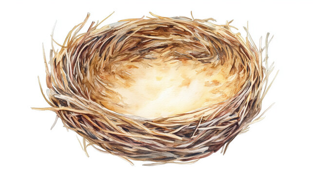 watercolor painting of one single empty birds nest isolated on white background
