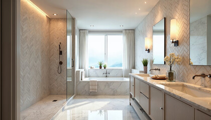 Luxurious ensuite bathroom featuring a herringbone marble shower and serene, modern design.






