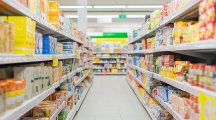 Fototapeta premium Shopping in the supermarket, Shelves with goods in the store, Clearance aisle, Sales, Discounts, Black Friday, Shopping
