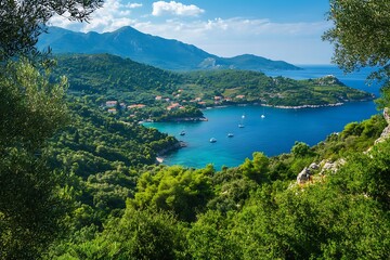 Aerial view of a beautiful bay with turquoise water, lush green mountains, and boats. Perfect for travel, vacation, and nature photography