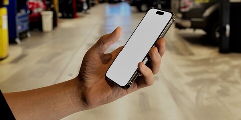 Caucasian White middle aged male using smartphone with a blank white screen. Car repair shop, garage interior, vehicle maintenance apps mockup. Vertical phone orientation