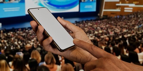 Asian old male using smartphone with a blank white screen. Auditorium, crowd, presentation apps...