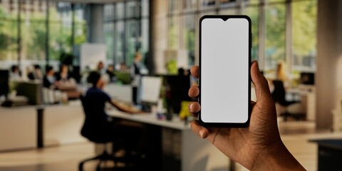 Black African-American old male using smartphone with a blank white screen. Office interior, modern office, employees working apps mockup. Vertical phone orientation