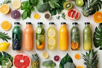 Colorful fruit and vegetable juices arranged on a table