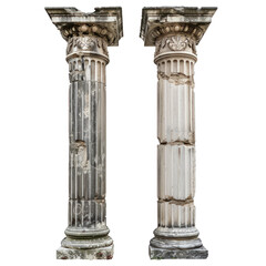 Obraz premium Two ancient corinthian columns stand isolated against a white background, showing damage and crumbling stonework