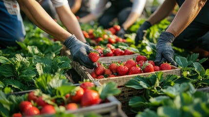  Farmers harvest fresh strawberries, placing them into wooden crates, representing agriculture, farming, and nature&rsquo;s bounty.