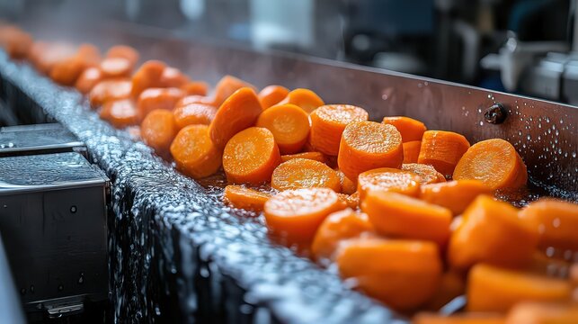  Sliced carrots move through washing process in large-scale vegetable processing facility, showcasing efficiency, cleanliness, and precision in industrial food production.