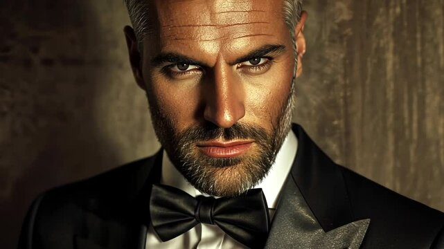 Stylish man in tuxedo poses confidently against a textured brown backdrop in a sophisticated setting