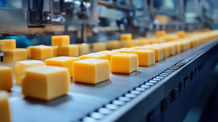 Fototapeta premium Conveyor line processes uniform cheese cubes in high-efficiency dairy factory, showcasing modern food production techniques and streamlined manufacturing.