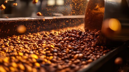  Roasting cocoa beans as they pass through a conveyor in a chocolate factory, showcasing the process of transforming beans into rich flavor.