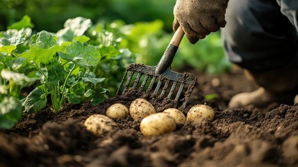  Farmer uses garden fork to harvest fresh potatoes from rich soil, symbolizing connection to earth, farming, and sustainable food production.