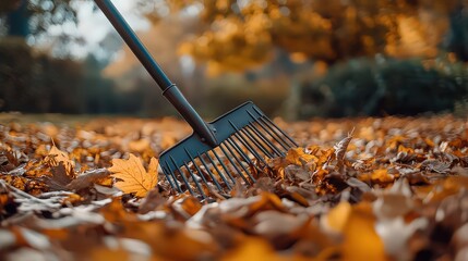  Rake moving through fallen golden autumn leaves, representing seasonal yard cleanup, embracing peaceful outdoor chores during fall.