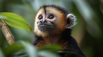 Fototapeta premium A playful monkey observes its surroundings amidst lush green leaves, showcasing its curious and adorable expression.
