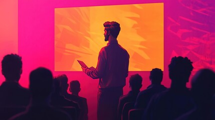 A speaker presents engaging content to an attentive audience in a vibrant, colorful setting, highlighting creativity and innovation.