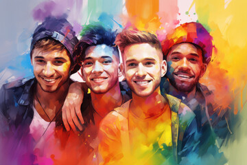 Fototapeta premium Happy Smiling Four Men Group Acrylic Painting Against Colorful Background. Canvas Texture, Brush Strokes.