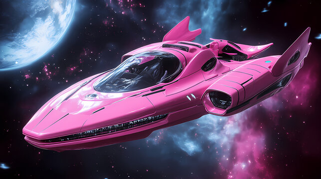 Pink alien flying car. Galactic Federation. Illustration