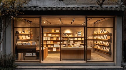  Cozy bookstore with warm wooden shelves and soft lighting, inviting readers to browse through carefully curated collections.