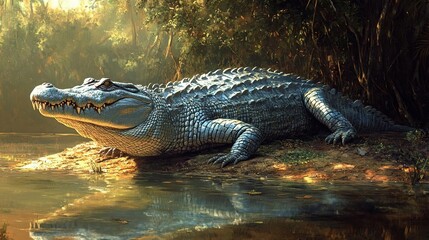 Fototapeta premium A serene image of a crocodile resting on the riverbank, surrounded by lush greenery and soft natural light.