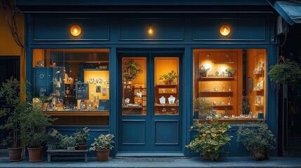  Charming small shop with dark blue exterior, warmly lit interior displaying ceramics and plants, creating an inviting atmosphere for customers.