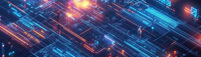 Obraz premium Vibrant digital landscape with glowing lines and neon colors, representing modern technology and advanced networks.